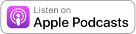 Button icon with the text "listen on apple podcasts," featuring a pink podcast logo on a gray background, ideal for podcast listening.