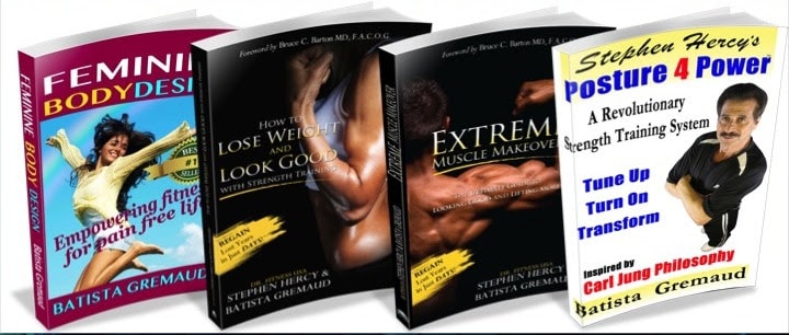 A display of four fitness books, including titles like Batista Gremaud's "Feminine Body Design" and "Extreme Muscle Makeover," showcases covers with energetic designs and images of individuals exuding strength and vitality.